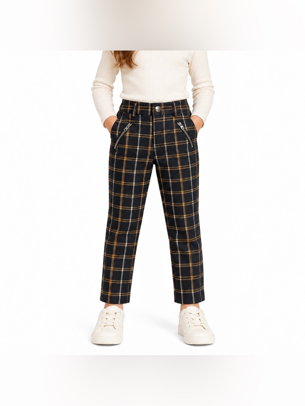 Zara Girls Black Mustard Plaid Straight Leg Trousers Zip Pockets Size 4